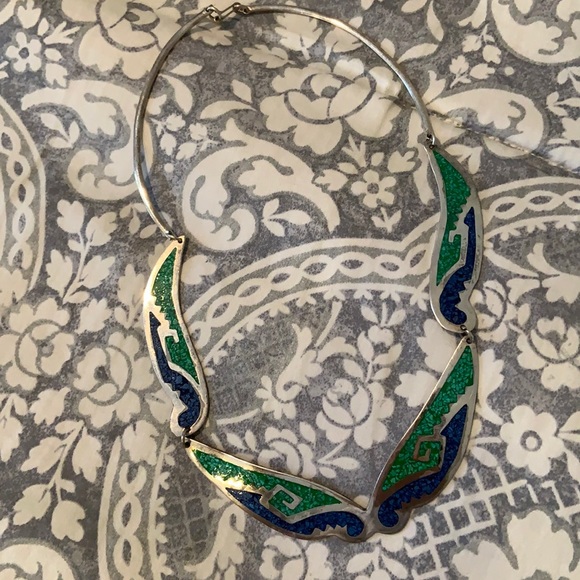 Vintage Sterling Stone Inlay Flat Necklace - Picture 1 of 5